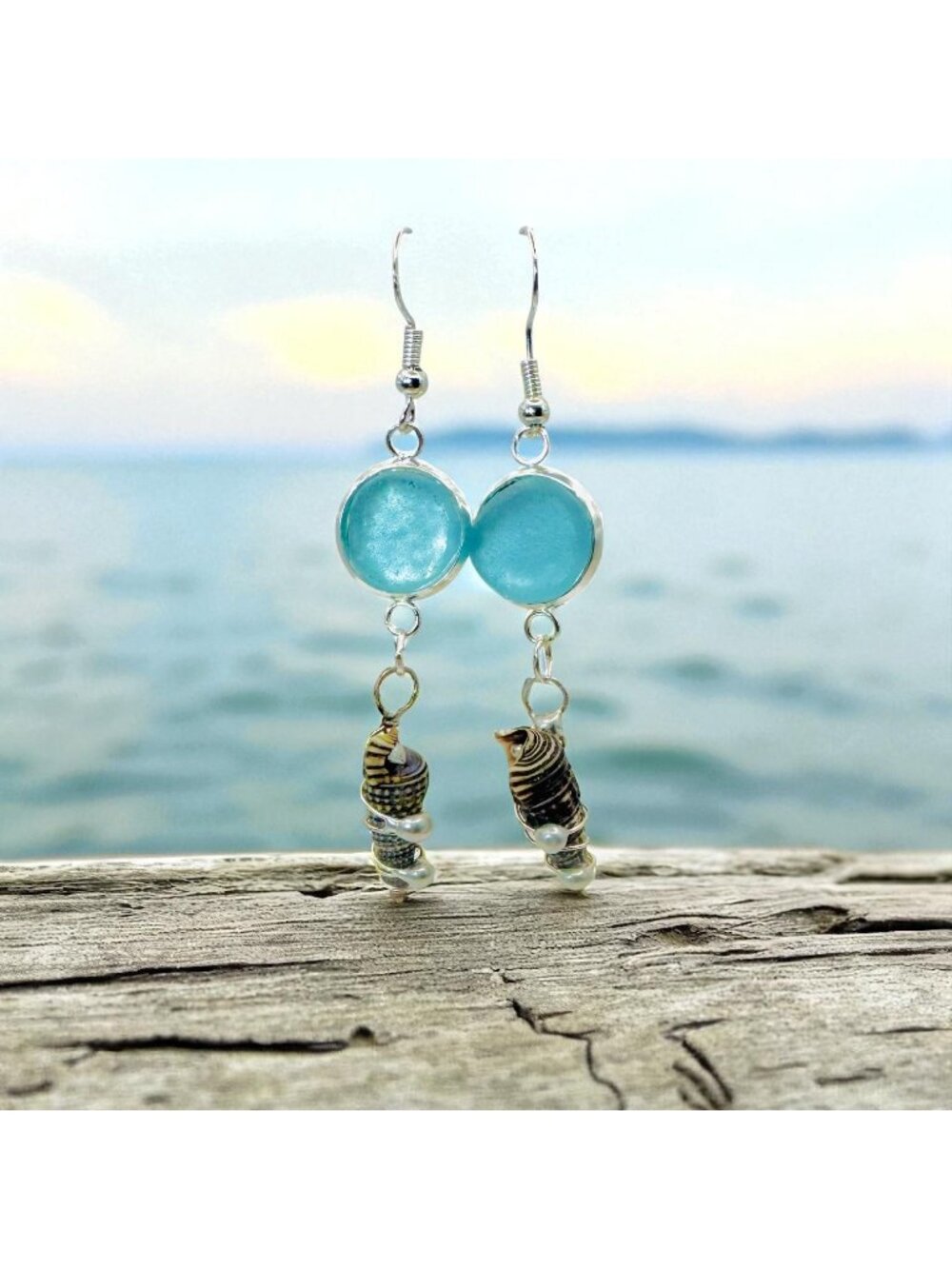 Ocean Tide Earrings | Sea Glass & Turbinate Shell | 925 Silver | Alma Antigua
